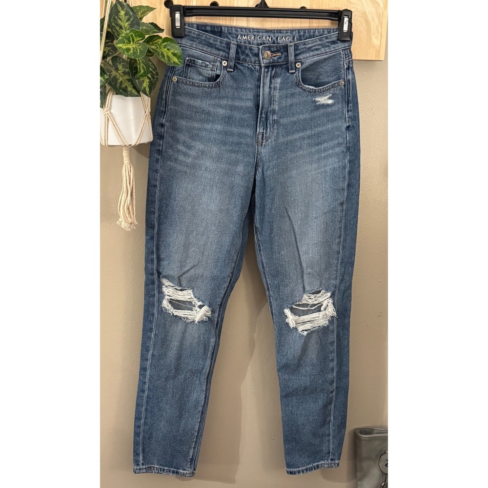 American Eagle Womens Mom Jean High Rise Distressed Medium Wash Blue Size 0